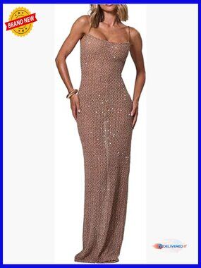 Sparkly Sequin Mesh Maxi Dress Sleeveless Spaghetti Strap Formal Evening Gown